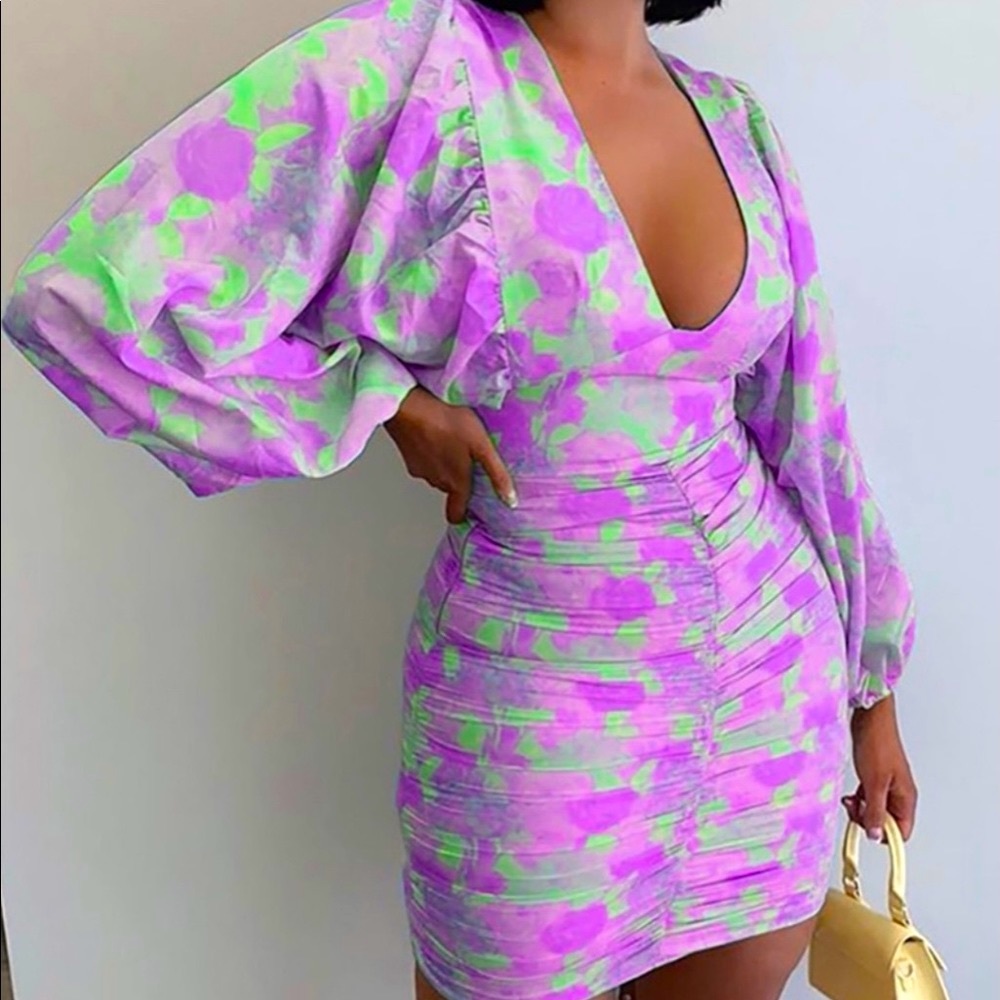 Floral Print Balloon Sleeve Bodycon Dress 💜